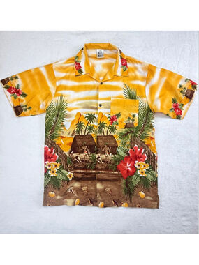 Men's Max Mehra Yellow & Brown Hawaiian Button Down Shirt Medium